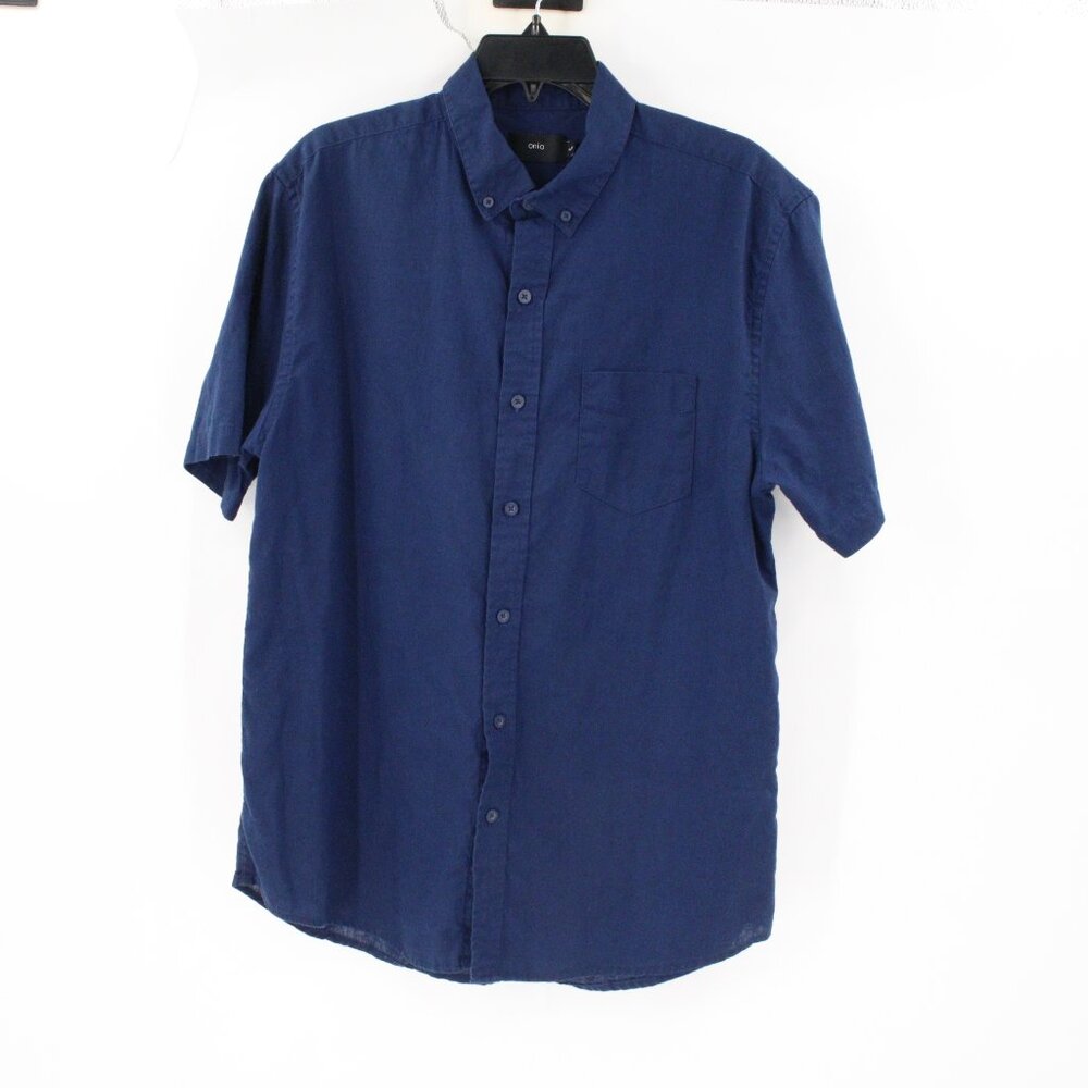 Onia Shirt Men’s‎ Medium Linen Cotton Button Down Short Sleeve solid blue pocket